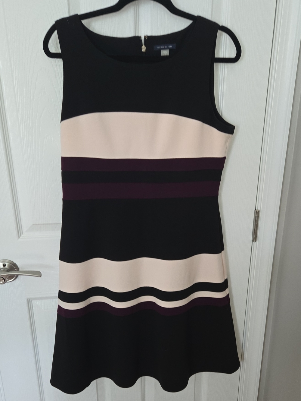Tommy Hilfiger Sleeveless Striped Midi Dress in Black, Cream & Plum